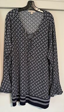 Michael Kors 3X Navy Rope Print Lace-Up Blouse Plus Size Boho Tunic Top